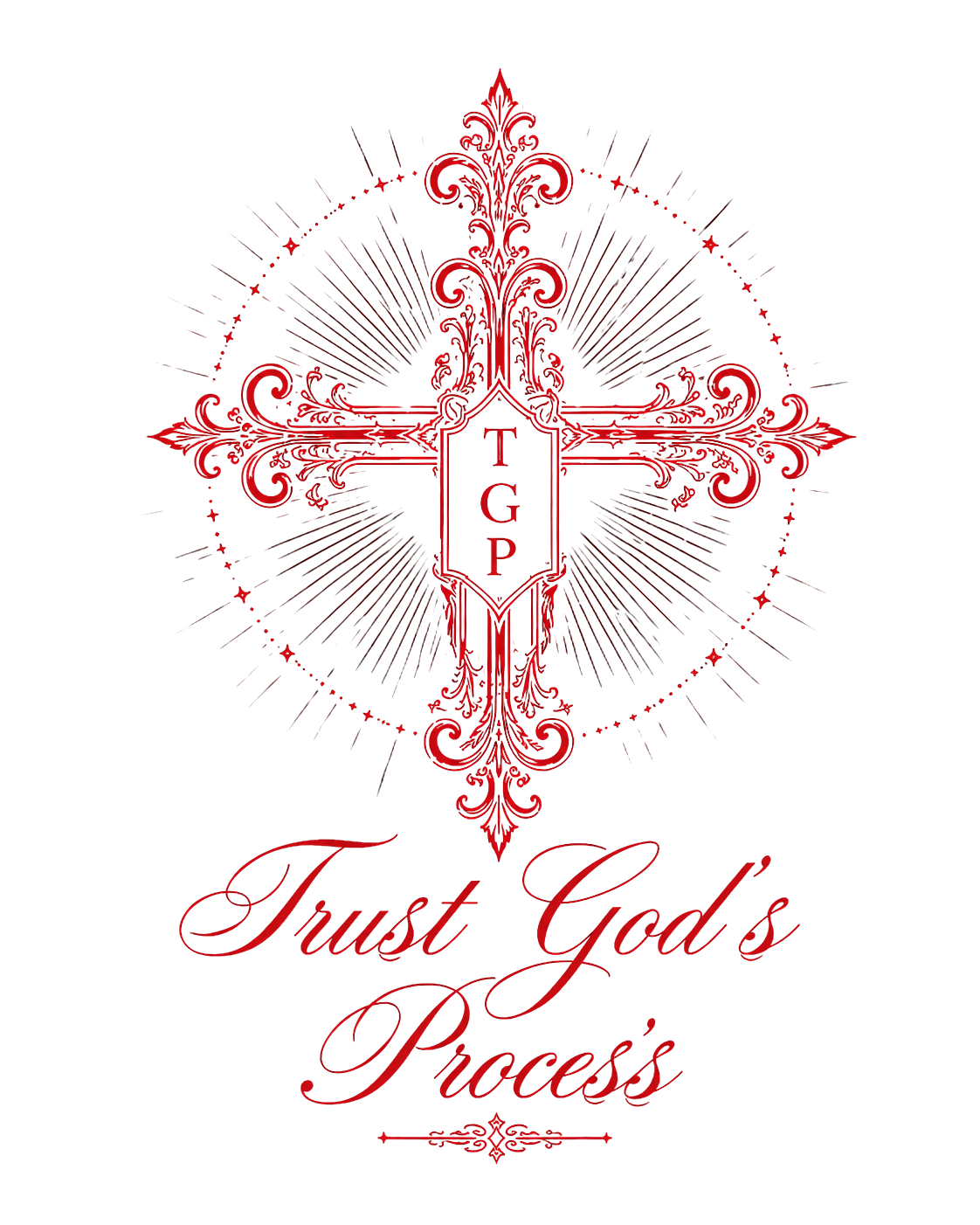 TGP ornamental cross emblem with the words Trust God's Process