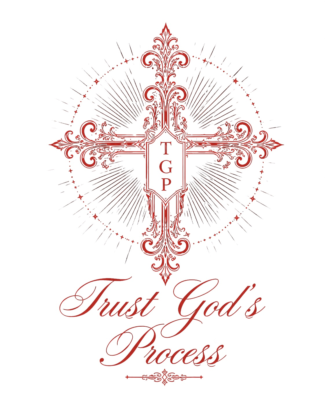TGP ornamental cross emblem with the words Trust Gods Process